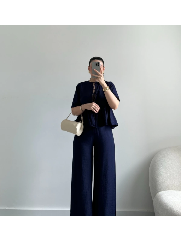 lacivert önü bağlamalı tensel gömlek takım