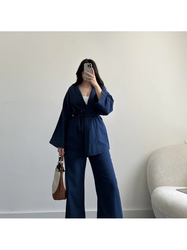 Lacivert örgü kemerli keten takım