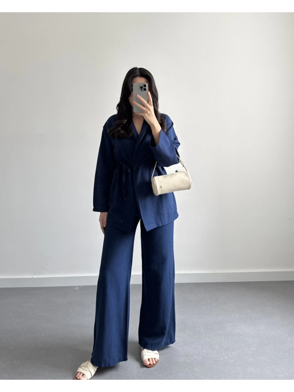 LACİVERT ÖRGÜ KEMERLİ KİMONO TAKIM