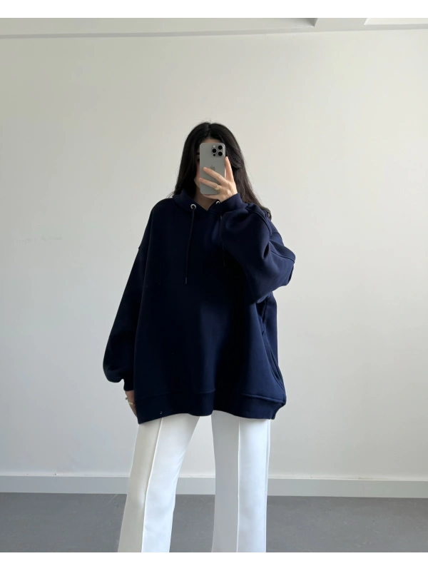 LACİVERT OVERSİZE CEPLİ SWEATSHİRT