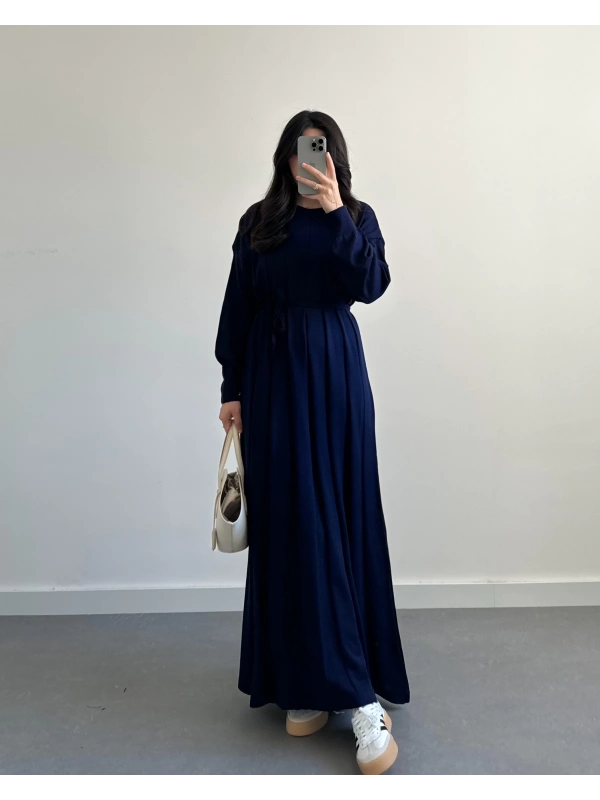 LACİVERT PİLELİ TRİKO ELBİSE