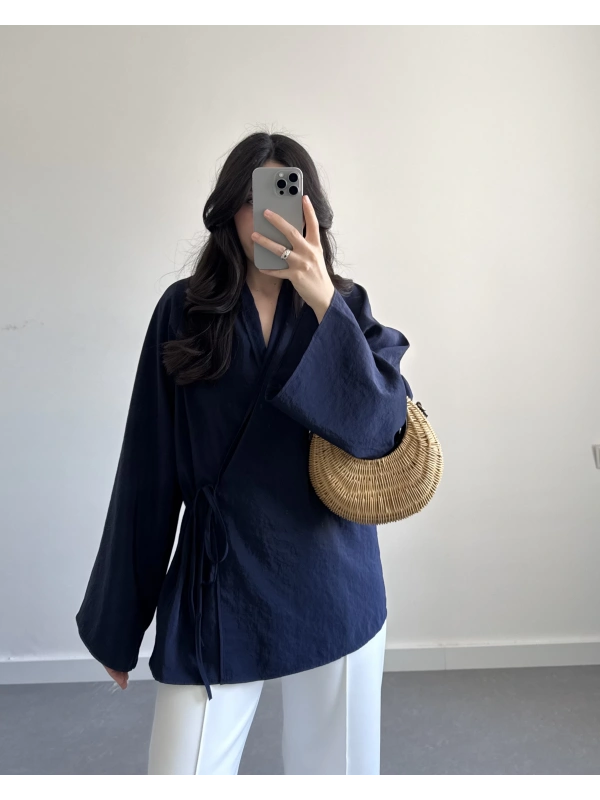 LACİVERT SEDEF KUMAŞ YANDAN BAĞLAMALI KİMONO