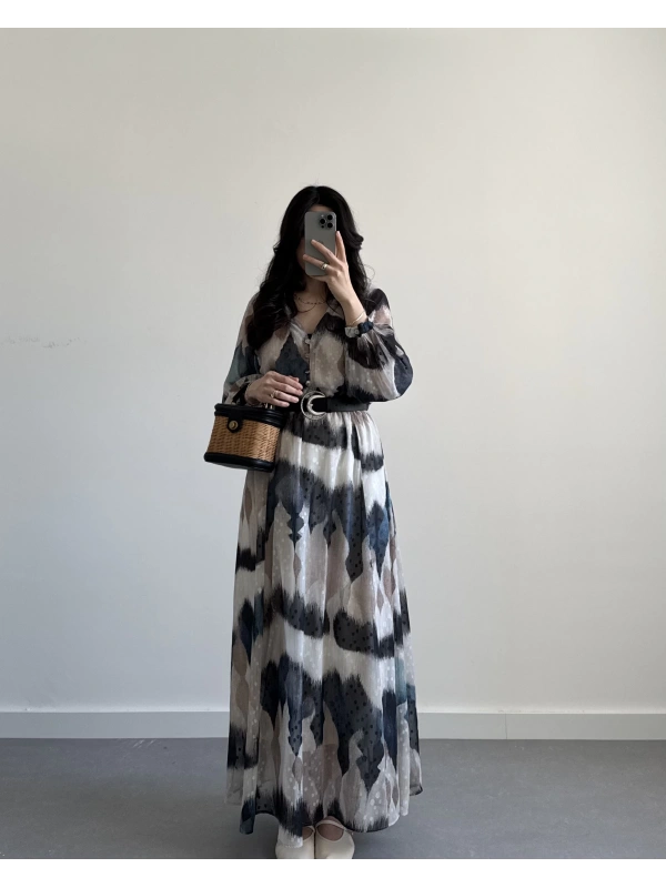 LACİVERT- SİYAH DESENLİ ŞİFON ELBİSE