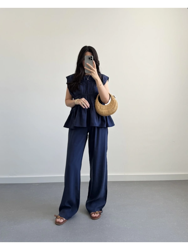 LACİVERT TENSEL LAYERLİ BLUZ TAKIM