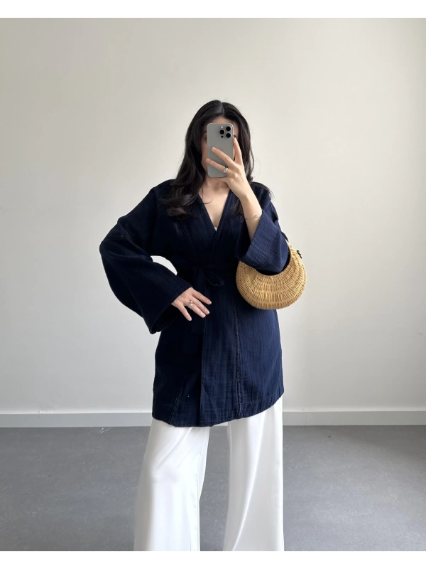 LACİVERT UZUN KEMERLİ KİMONO