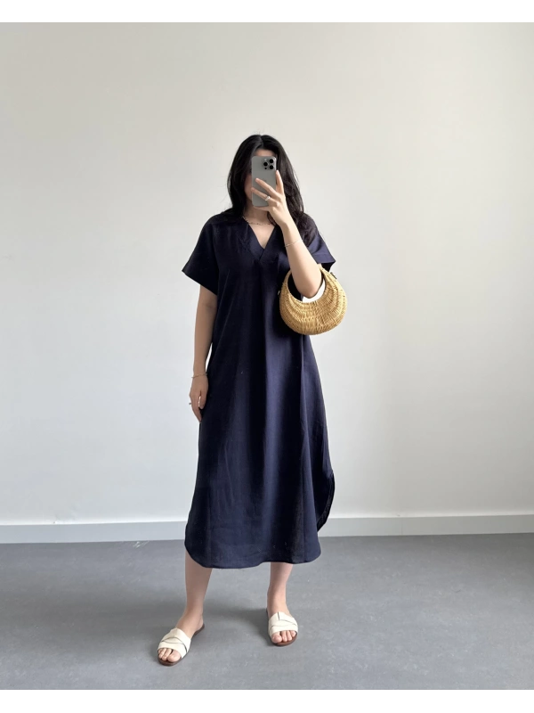 LACİVERT V YAKA KETEN ELBİSE
