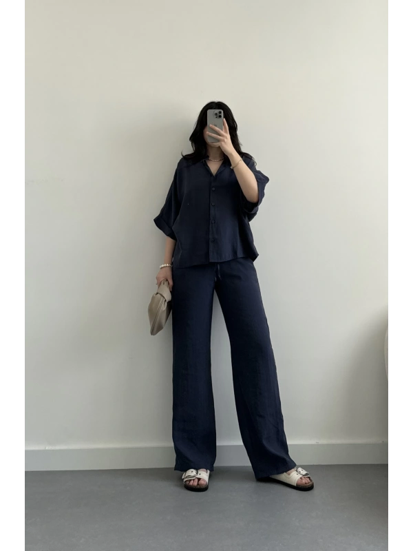 Lacivert yarasa kol tensel gömlek takım