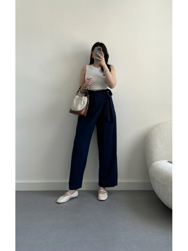 Lacivert önü bağlamalı keten pantolon