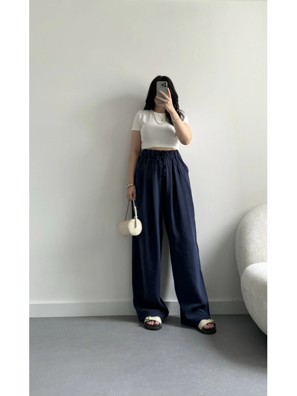 Lacivert yüksek bel tensel kumaş pantolon