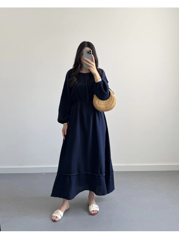 LACİVERT ZIMBA DETAYLI SIRTI BAĞLAMALI MÜSLİN ELBİSE