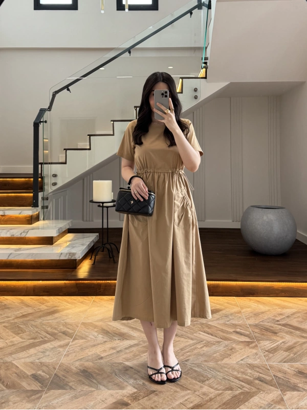LATTE BEL BÜZGÜLÜ CEPLİ ELBİSE-30731