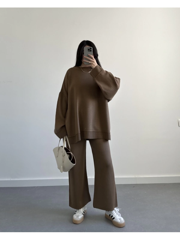 LEAH KAHVE OVERSİZE BASIC TRİKO TAKIM