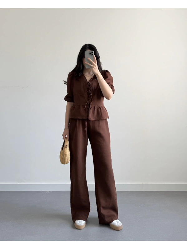 LEİLA KAHVERENGİ MÜSLİN İKİLİ TAKIM