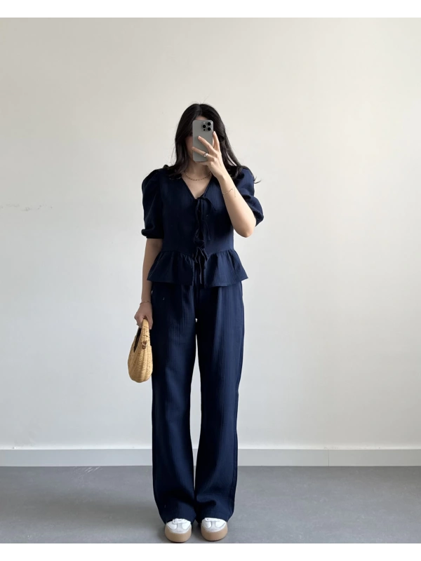 LEİLA LACİVERT MÜSLİN İKİLİ TAKIM