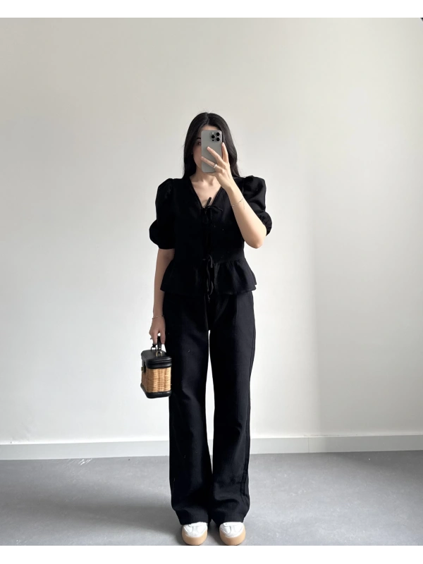 LEİLA SİYAH MÜSLİN İKİLİ TAKIM