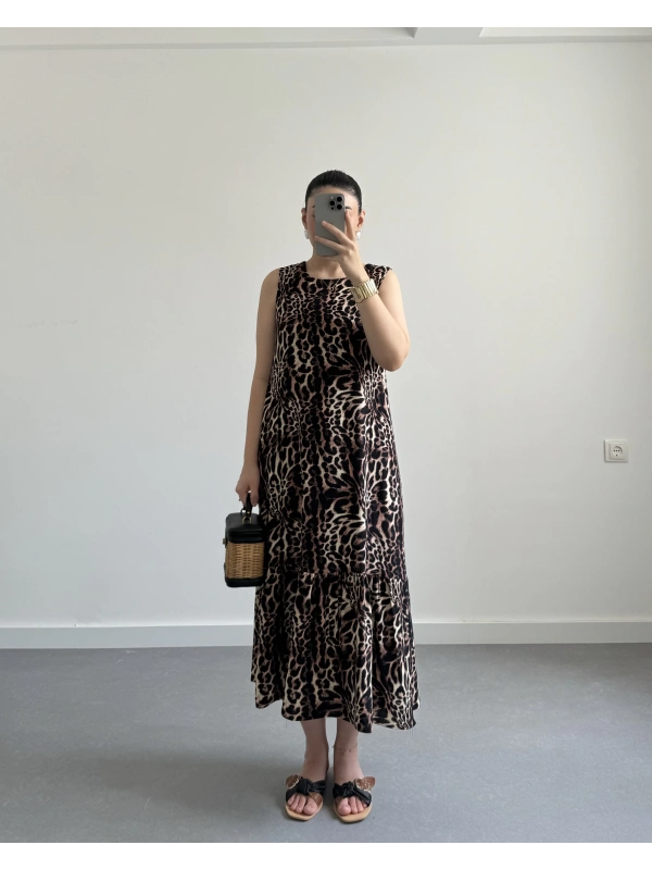 Leopar Midi Boy Elbise