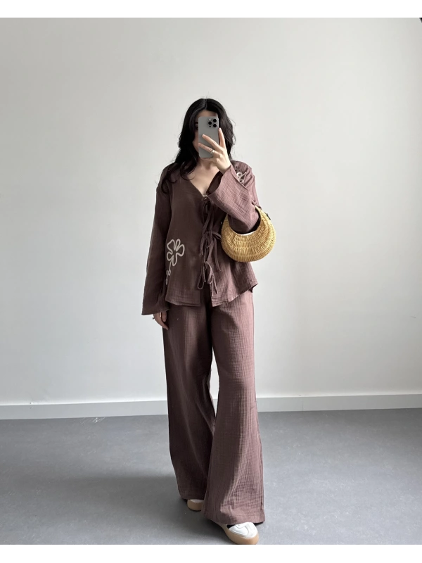 LEUR KAHVE ÖNÜ KİMONO MÜSLİN TAKIM