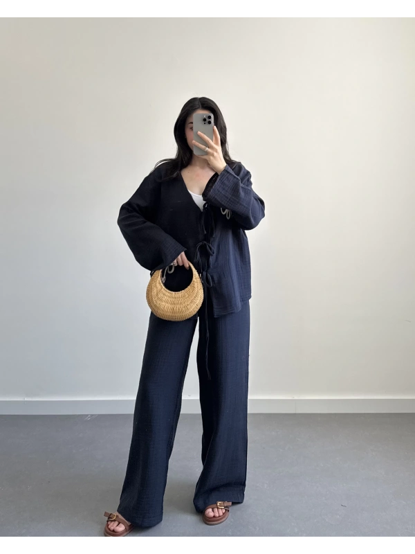 LEUR LACİVERT ÖNÜ KİMONO MÜSLİN TAKIM