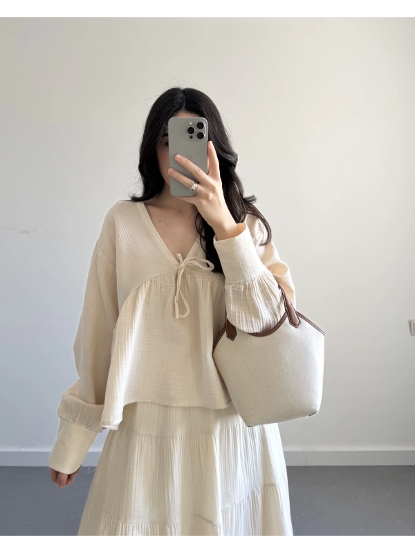 LİAM KREM V YAKA BLUZ