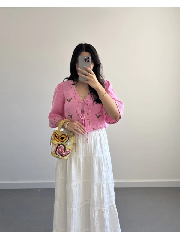 LİNA PEMBE ÇİÇEKLİ PİNTEREST BLUZ