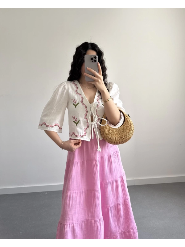 LİNA EKRU ÇİÇEKLİ PİNTEREST BLUZ