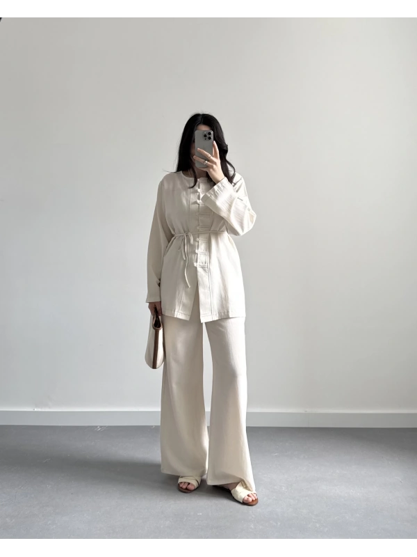 LİNEN KETEN DÜĞMELİ TAKIM NATURAL