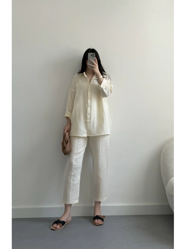Loni açık krem müslin kumaş gömlek takım