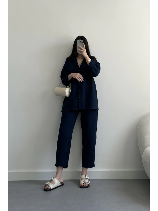 Loni lacivert müslin kumaş gömlek takım