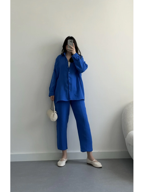 Loni mavi müslin kumaş gömlek takım