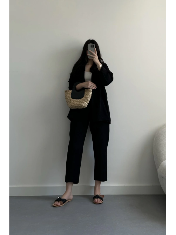 Loni siyah müslin kumaş gömlek takım