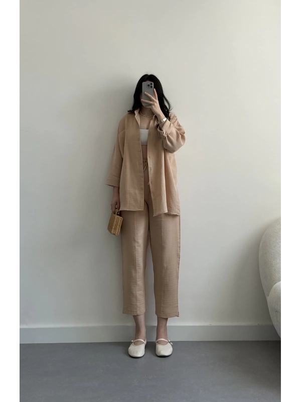 Loni vizon müslin kumaş gömlek takım