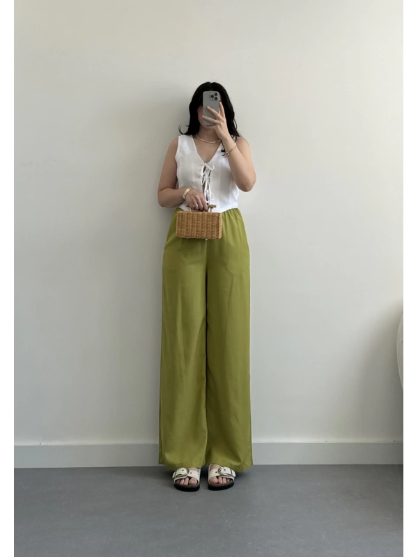 luke yağ yeşil keten pantolon