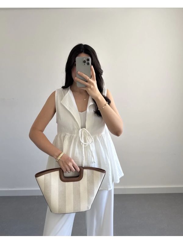 LUNA V YAKA MÜSLİN BLUZ EKRU