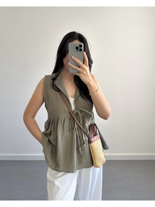 LUNA V YAKA MÜSLİN BLUZ HAKİ