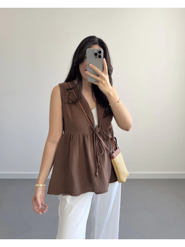 LUNA V YAKA MÜSLİN BLUZ KAHVE