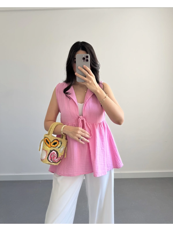 LUNA V YAKA MÜSLİN BLUZ PEMBE