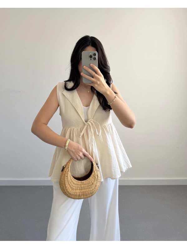 LUNA V YAKA MÜSLİN BLUZ TAŞ