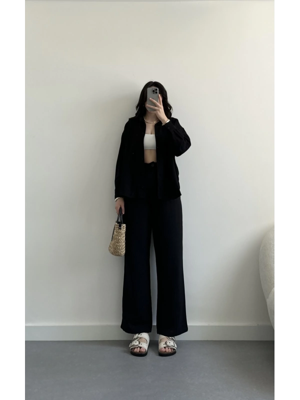 Manu siyah keten gömlek takım