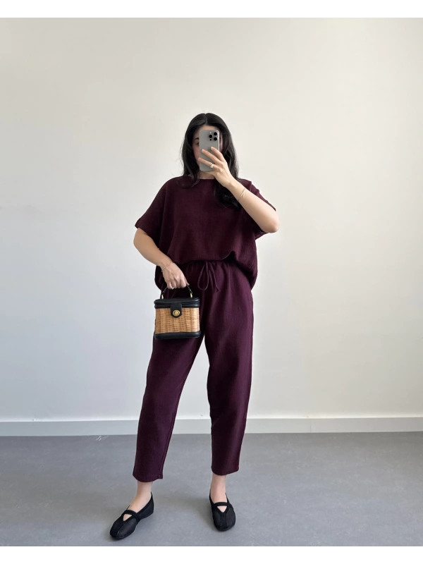 MARİS HAM KETEN BORDO İKİLİ TAKIM