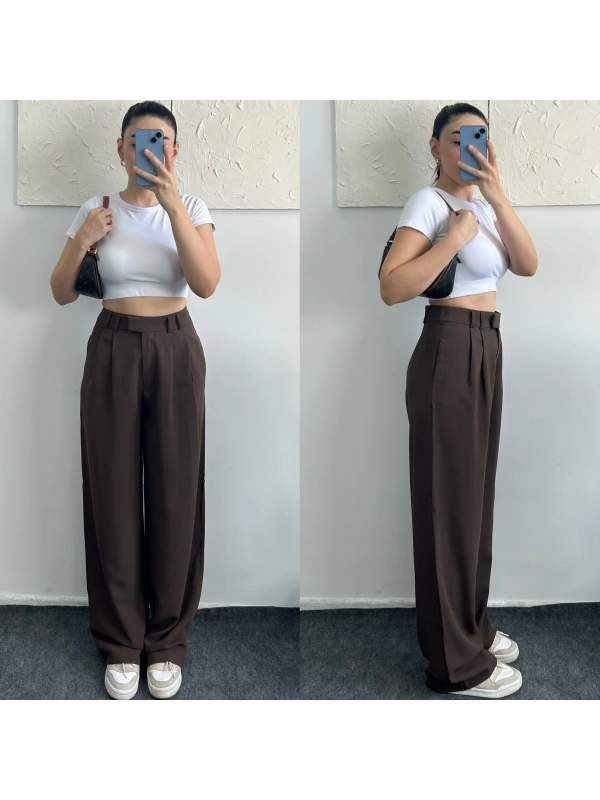 Marte kumaş kahverengi palazzo pantolon