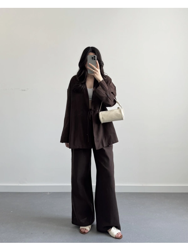 MAUDE KAHVE KETEN KİMONO TAKIM