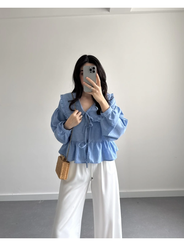 MAVİ BEBE YAKA PİNTEREST GÖMLEK BLUZ