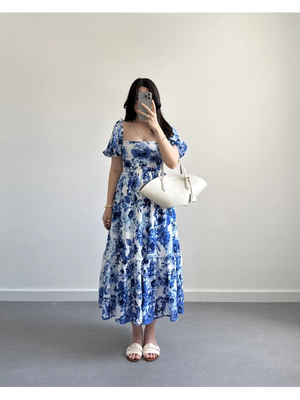 MAVİ BEYAZ BALON KOL ELBİSE