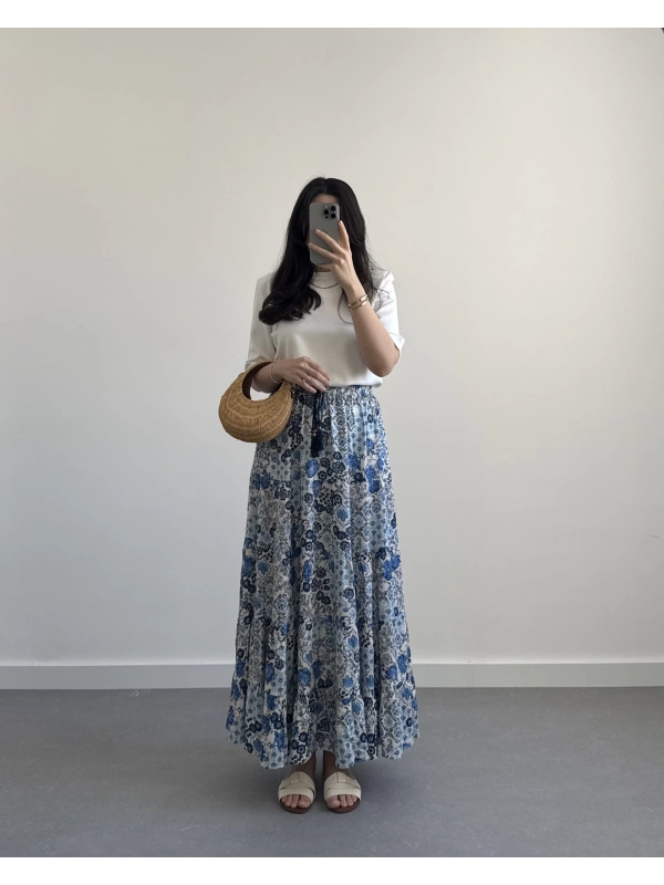 MAVİ ÇİÇEKLİ BOHEM ETEK