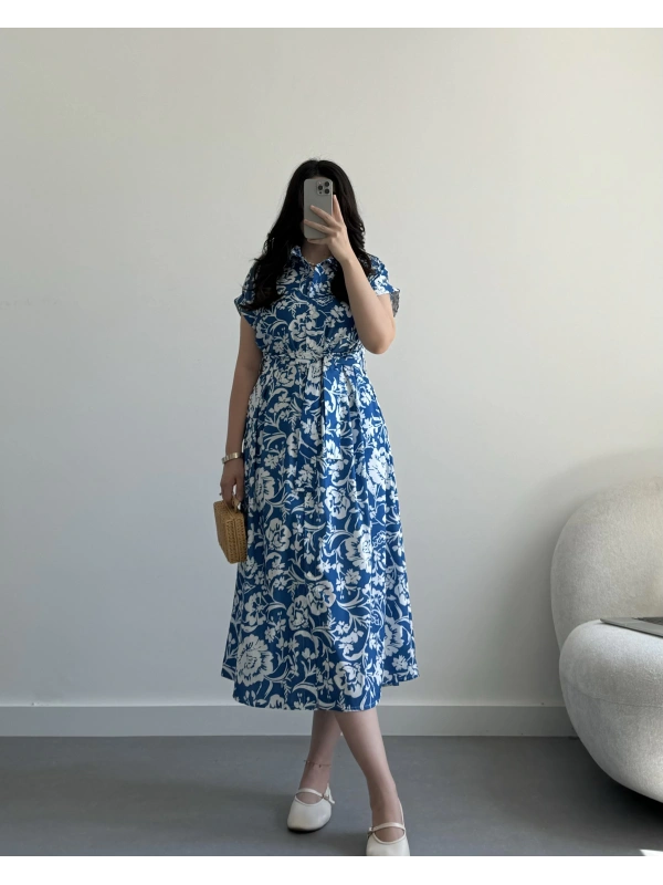 Mavi Çiçekli Midi Boy Gömlek Elbise