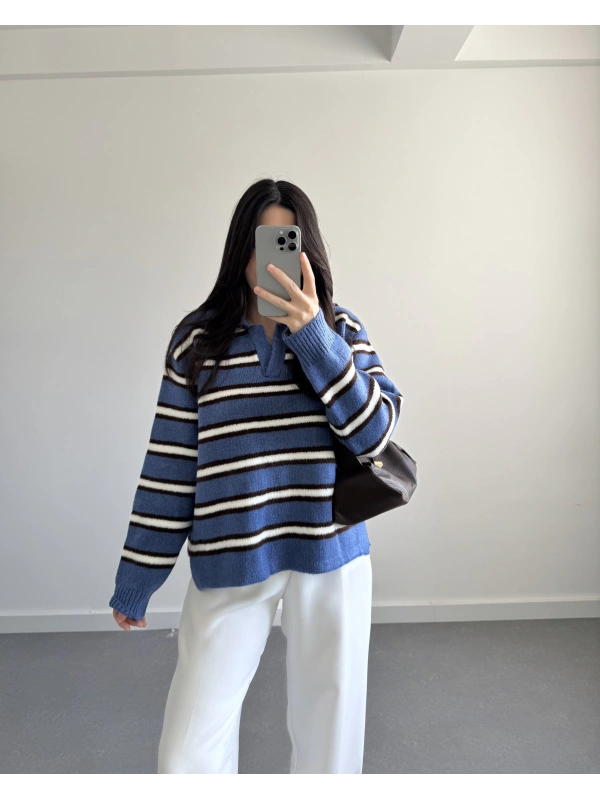 MAVİ ÇİZGİLİ PREMİUM KAZAK