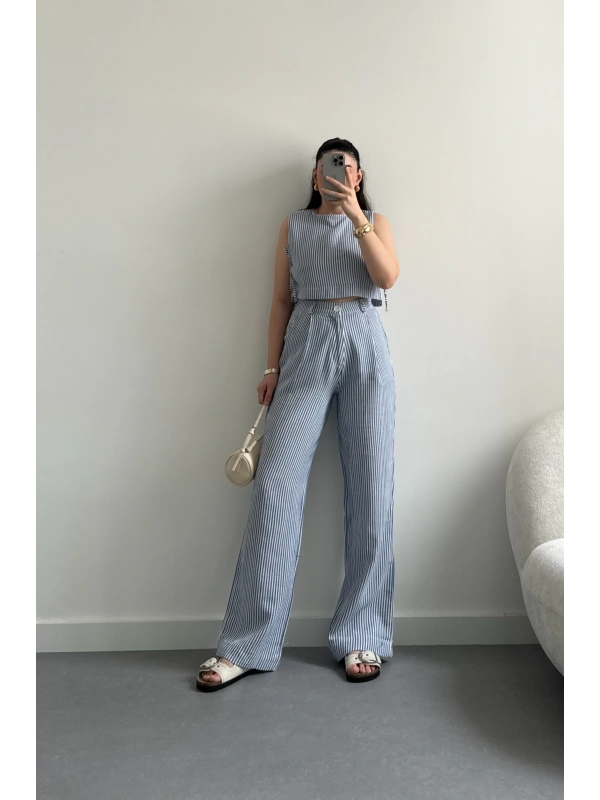Mavi çizgili keten crop takım