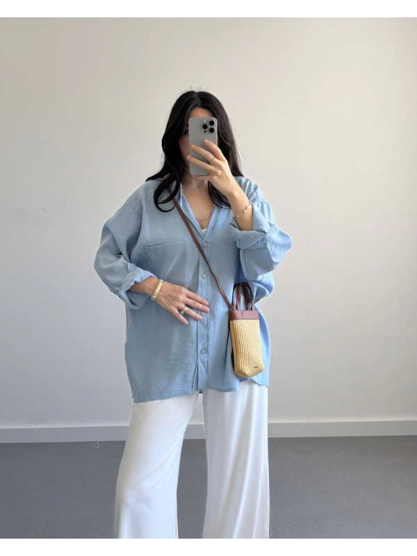 MAVİ DÜŞÜK OMUZLU GÖMLEK