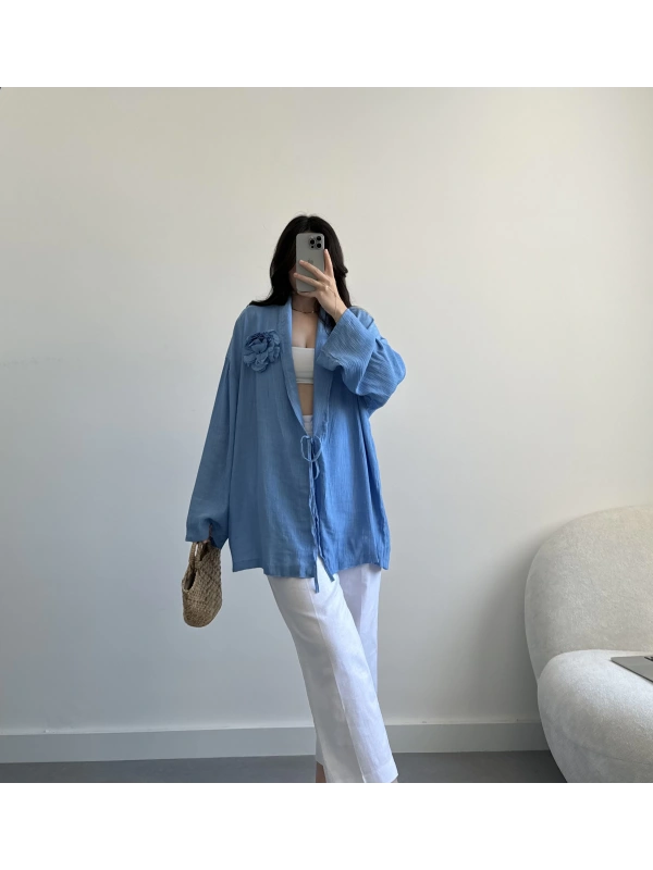 Mavi gül bronşlu kimono