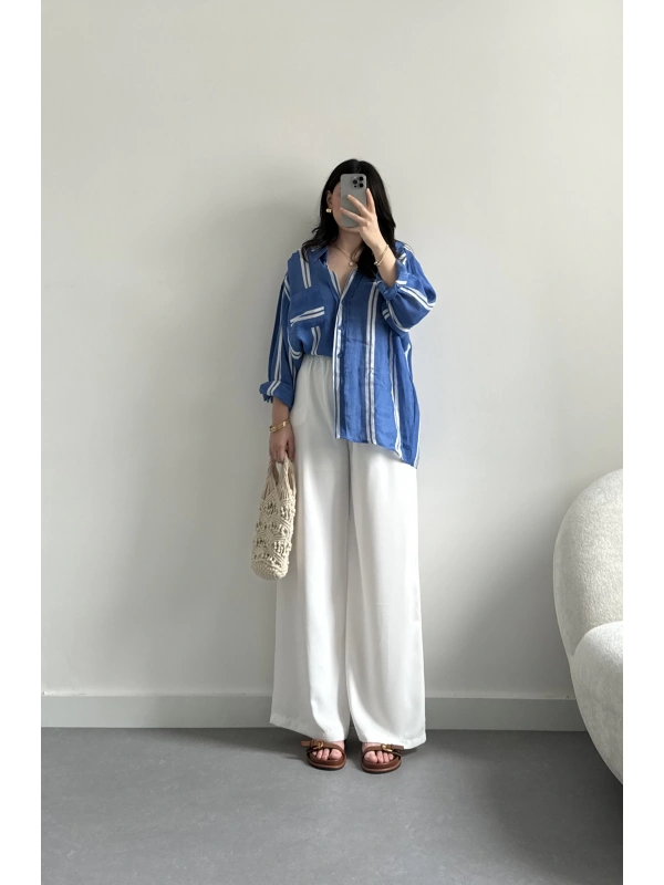 Mavi kalın çizgili tensel gömlek